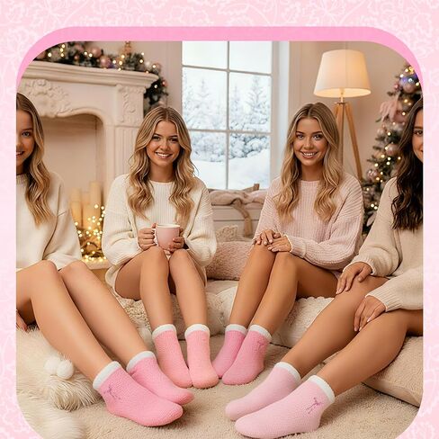 Cuffbow 5 Pairs Pink Bow Socks with Grips Fuzzy Cozy Slipper Socks Hospital Stocking for Women Warm Winter Spa Home Sleeping in Saudi Arabia