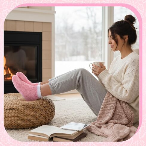 Cuffbow 5 Pairs Pink Bow Socks with Grips Fuzzy Cozy Slipper Socks Hospital Stocking for Women Warm Winter Spa Home Sleeping in Saudi Arabia