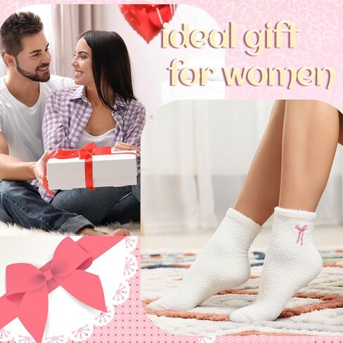 Cuffbow 5 Pairs Pink Bow Socks with Grips Fuzzy Cozy Slipper Socks Hospital Stocking for Women Warm Winter Spa Home Sleeping in Saudi Arabia