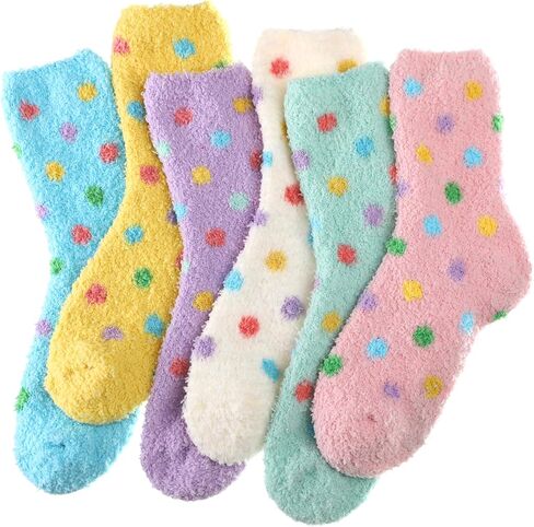 Geyoga 6 Pairs Fuzzy Slipper Socks for Women Coral Fleece Cozy Fluffy Warm Colorful Polka Dot Non‑shedding Home Sleep Socks Cute Winter Slipper Stockings for Valentine's Day Birthday Gifts in Saudi Arabia