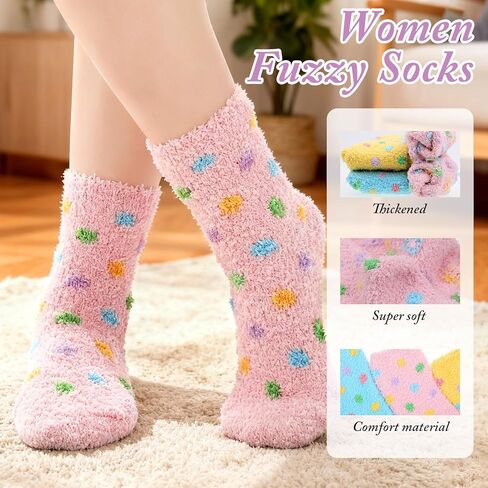 Geyoga 6 Pairs Fuzzy Slipper Socks for Women Coral Fleece Cozy Fluffy Warm Colorful Polka Dot Non‑shedding Home Sleep Socks Cute Winter Slipper Stockings for Valentine's Day Birthday Gifts in Saudi Arabia