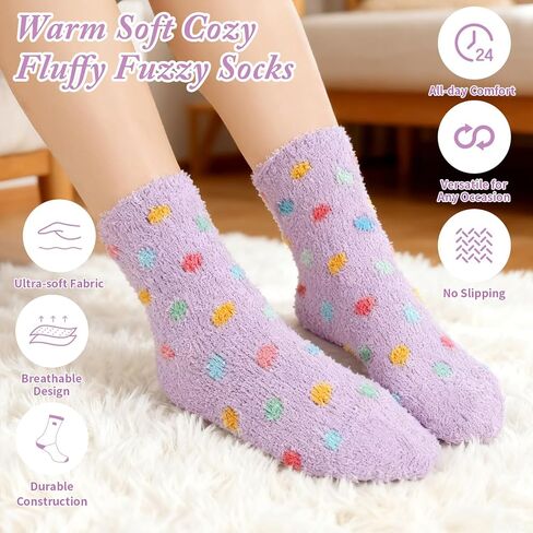 Geyoga 6 Pairs Fuzzy Slipper Socks for Women Coral Fleece Cozy Fluffy Warm Colorful Polka Dot Non‑shedding Home Sleep Socks Cute Winter Slipper Stockings for Valentine's Day Birthday Gifts in Saudi Arabia