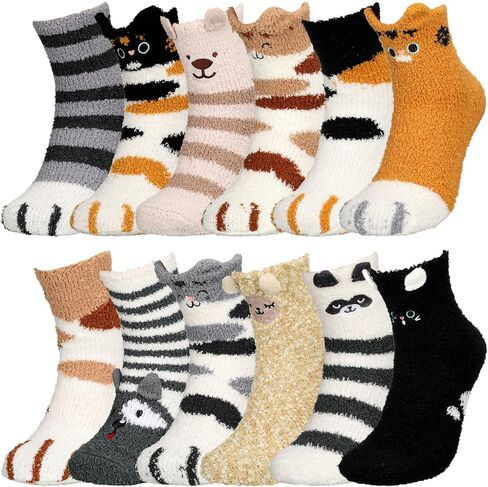 Foaincore 12 Pairs Women Fuzzy Socks Soft Fluffy Cute Animal Slipper Socks Winter Warm Sleeping Slipper Winter Gift for Women in Saudi Arabia