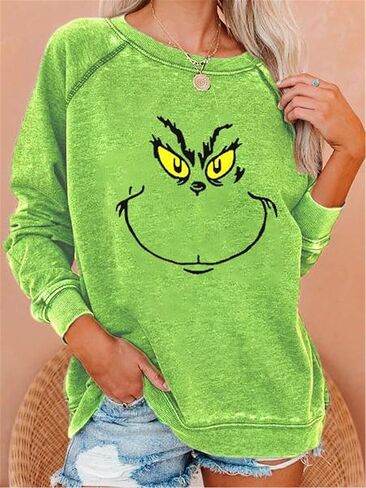Women'S Christmas Sweatshirts Funny Christmas Sweatshirts Green Printed Crew Neck Pullover in Saudi Arabia