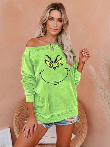 Women'S Christmas Sweatshirts Funny Christmas Sweatshirts Green Printed Crew Neck Pullover in Saudi Arabia