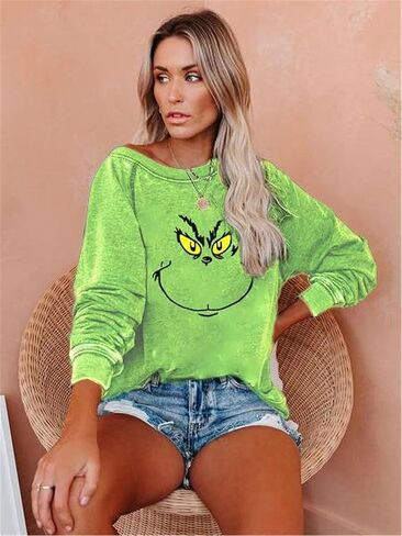 Women'S Christmas Sweatshirts Funny Christmas Sweatshirts Green Printed Crew Neck Pullover in Saudi Arabia