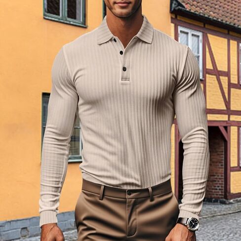 Men's Knit Polo Shirts Long Sleeve Sweater Button Basic Solid Color Collared Polo Shirt Fashion Casual Shirts in Saudi Arabia