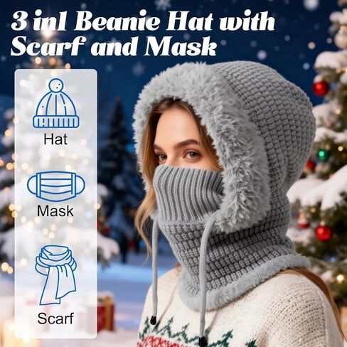 3 in 1 Beanie Hat with Scarf and Mask,Beanie Hat for Women,Winter Warm Knitted Ski Scarf&Mask Set,Face Cover&Neck Gaiter(1pc) in Saudi Arabia