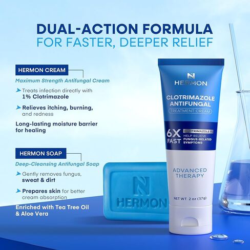 مجموعة كريم وصابون علاج مضاد للفطريات من هيرمون كلوتريمازول: كريم مضاد للفطريات لقدم الرياضيين، وحكة اللعب، والقوباء الحلقية مع صابون مضاد للفطريات - يخفف من الحكة والحرقان - أنبوب 57 جم / لوح 113 جم in Kuwait