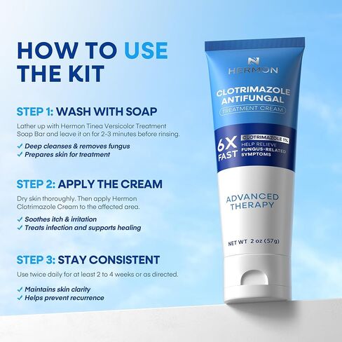 مجموعة كريم وصابون علاج مضاد للفطريات من هيرمون كلوتريمازول: كريم مضاد للفطريات لقدم الرياضيين، وحكة اللعب، والقوباء الحلقية مع صابون مضاد للفطريات - يخفف من الحكة والحرقان - أنبوب 57 جم / لوح 113 جم in Kuwait