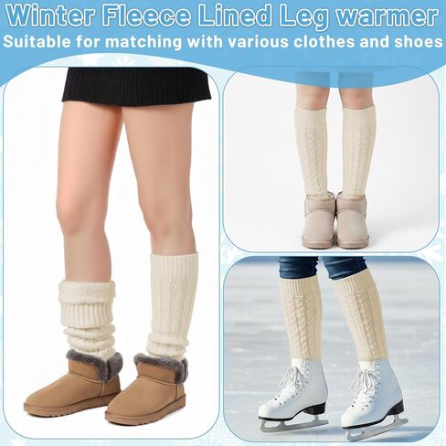 Women Fleece-Lined White Leg Warmers, Double Layer Thermal Protection Leg Warmers, Knit One Size Fits Most Legs Shapes in Saudi Arabia