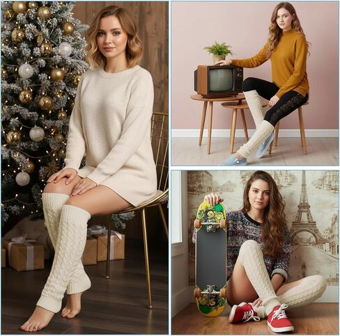 Women Fleece-Lined White Leg Warmers, Double Layer Thermal Protection Leg Warmers, Knit One Size Fits Most Legs Shapes in Saudi Arabia