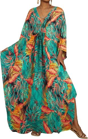 Bsubseach Kaftan Dresses for Women Floral Printed Plus Size Beach Cover Up Maxi Batwing Sleeves MooMoo Caftan Dress in Saudi Arabia