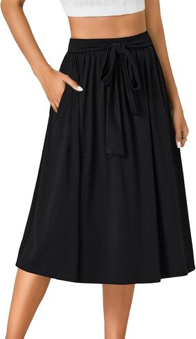 Women's Elastic High Waist Knee Length A-line Hem Basic Casual Midi Skirt with Pockets in Saudi Arabia