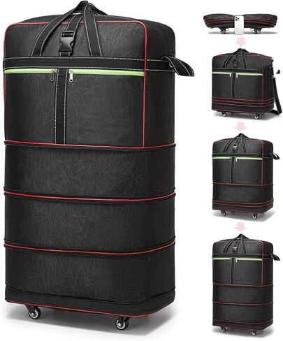 Foldable Duffel Bag,Large Expandable Rolling Travel Duffle Bag with Wheels Waterproof Collapsible Luggage Carry on Duffel Bag with Wheels and Handle, Black in Saudi Arabia