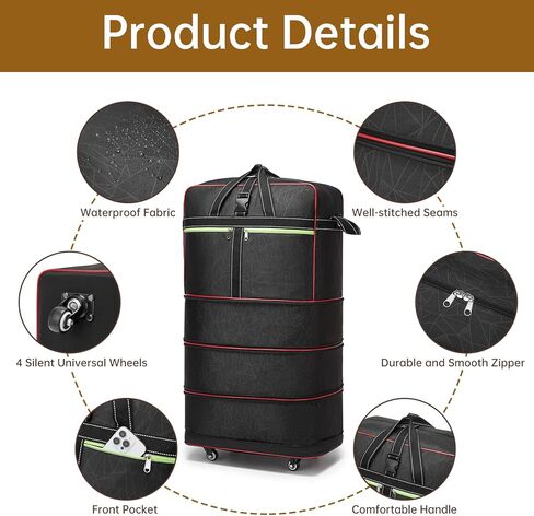Foldable Duffel Bag,Large Expandable Rolling Travel Duffle Bag with Wheels Waterproof Collapsible Luggage Carry on Duffel Bag with Wheels and Handle, Black in Saudi Arabia