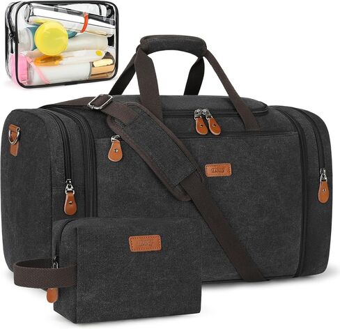 Canvas Mens Duffle Bag for Travel - Expandable 50L Weekender Bags with Toiletry Bag, Overnight Bag Travel Duffel Carry On Luggage with Removable Shoulder Strap, Durable & Water-Resistant in Kuwait
