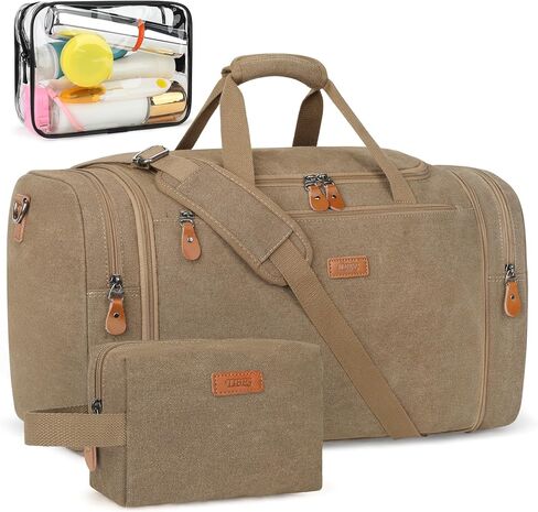 Canvas Mens Duffle Bag for Travel - Expandable 50L Weekender Bags with Toiletry Bag, Overnight Bag Travel Duffel Carry On Luggage with Removable Shoulder Strap, Durable & Water-Resistant in Kuwait
