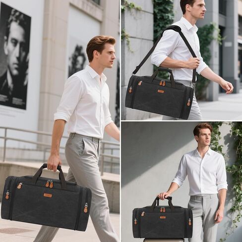 Canvas Mens Duffle Bag for Travel - Expandable 50L Weekender Bags with Toiletry Bag, Overnight Bag Travel Duffel Carry On Luggage with Removable Shoulder Strap, Durable & Water-Resistant in Kuwait