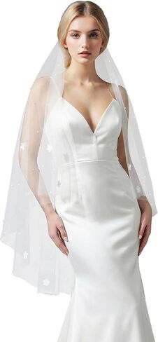 Wedding Veil for Bride 2Tier Pearl Bridal Veil Fingertip Length Flower Veils for Women Wedding in Saudi Arabia