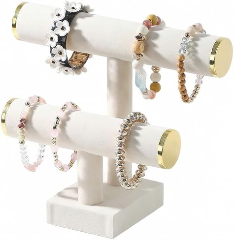 Coward 2 Tier Bracelet Holder Stand, Necklace Bangle Bracelet Watch Display Rack, Jewelry Hairband Scrunchie Organizer Storage Tower for Women (Beige Velvet) in Saudi Arabia
