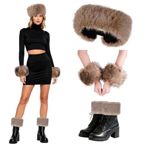 hoyuwak 3 Pieces Faux Fur Headband Set Fluffy Winter Ear Warmer Fuzzy Wrist Warmers Boot Cuff Winter Warm Accessories for Women, Khaki in Saudi Arabia