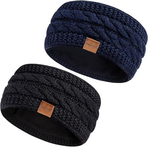 Winter Headbands for Women Wool 2 Pack, Ear Warmers for Women Headband Knit Thick Fleece Lined(Black+Navy) in Saudi Arabia