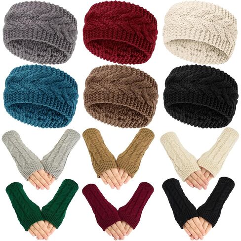12 Pcs Winter Headbands for Women Ear Warmers and Ribbed Wrist Arm Warmers Sets Knit Stretchy Cable Head Wrap Fingerless Gloves in Saudi Arabia
