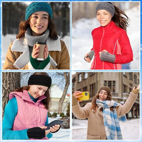 12 Pcs Winter Headbands for Women Ear Warmers and Ribbed Wrist Arm Warmers Sets Knit Stretchy Cable Head Wrap Fingerless Gloves in Saudi Arabia