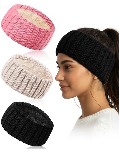 Geyoga 3 Pack Winter Headbands for Women Fleece Lined Ear Warmer Thick Warm Ear Muffs Cold Weather Accessories for Women Daily Wear and Sport Stocking Stuffers Gifts for Christmas in Saudi Arabia
