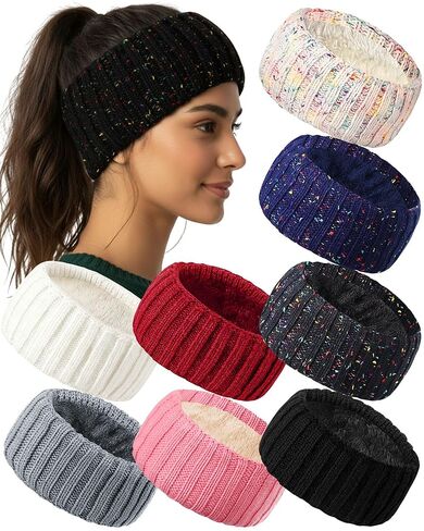 Geyoga 8 Pcs Winter Ear Warmer Headband Knit Fleece Lined Cold Thick Warm Plush Fuzzy Crochet Headband Cold Weather Ear Muffs for Women Men Stocking Stuffers Christmas Gifts, 8 Colors in Saudi Arabia