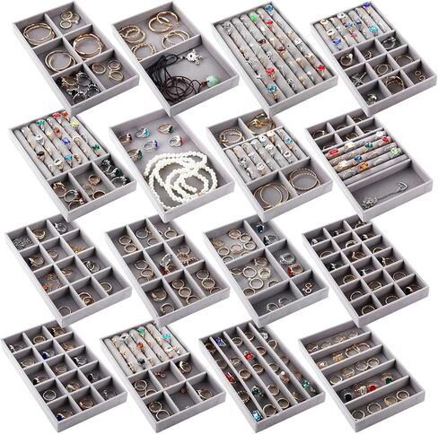 Landical 32 Pcs Jewelry Tray Velvet Stackable Jewelry Organizer Trays Drawer with Divider Earring Ring Necklace Display (Beige) in Saudi Arabia