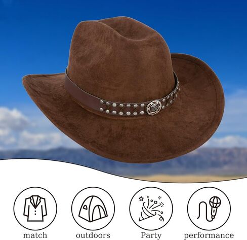 Cowboy Hat Unisex Wide Brim Outdoor Suede Hat Coffee Color Classic Western Cowboy Hats for Men and Women Soft Comfortable Adjustable Size Fashionable Cowboy Outfit in Saudi Arabia