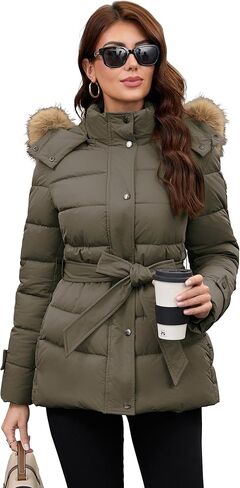 PAPILLON D'OR WEAR YOUR WINGS Women's Belted Mid-Length Puffer Coat - Detachable Faux Fur Collar Winter Jacket in Saudi Arabia