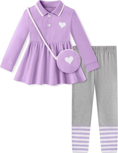 Girl Clothes Causal Lapel Neck Long Sleeve Top+Striped Leggings+Shoulder Bag 3Pcs Toddler Kids Clothing 2-8Y in Saudi Arabia