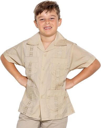 Boy's Guayabera Cuban Mexican Shirt Four Pocket Short Sleeve Classic Traditional Embroidery Baptism Relaxed Casual Shirt in Saudi Arabia