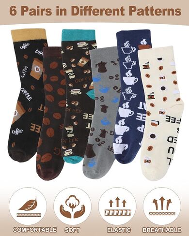 6 Pairs Novelty Coffee Socks for Men Funny Cotton Crew Socks Holiday Valentine's Day Birthday Gifts for Coffee Lovers Barista in Saudi Arabia