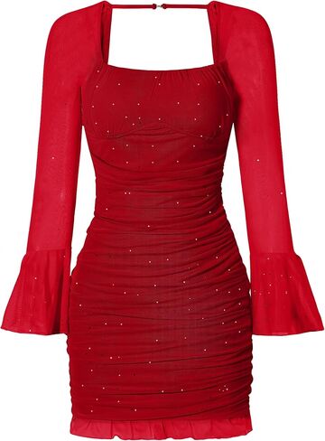 فستان EXARUS للفتيات سباركلي Bodycon بأكمام طويلة مكشكش مع حمالة صدر مدمجة وربطة خلفية شبكية مكشكشة فساتين صغيرة لحفلات المراهقين in Kuwait
