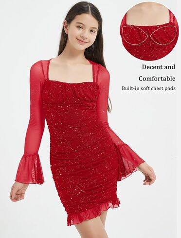 فستان EXARUS للفتيات سباركلي Bodycon بأكمام طويلة مكشكش مع حمالة صدر مدمجة وربطة خلفية شبكية مكشكشة فساتين صغيرة لحفلات المراهقين in Kuwait