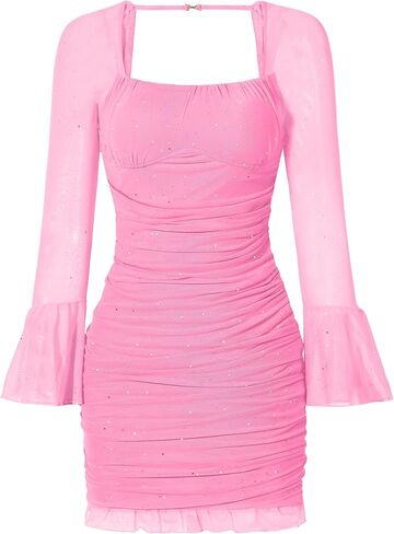 فستان EXARUS للفتيات سباركلي Bodycon بأكمام طويلة مكشكش مع حمالة صدر مدمجة وربطة خلفية شبكية مكشكشة فساتين صغيرة لحفلات المراهقين in Kuwait
