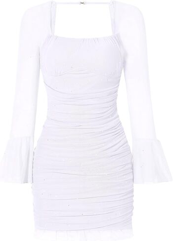 فستان EXARUS للفتيات سباركلي Bodycon بأكمام طويلة مكشكش مع حمالة صدر مدمجة وربطة خلفية شبكية مكشكشة فساتين صغيرة لحفلات المراهقين in Kuwait