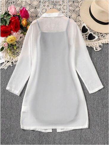 OYOANGLE Girl's Side Ruched Short Cami Dress and Long Sleeve Collared Sheer Blouse Set 2 Piece Outfits in Saudi Arabia