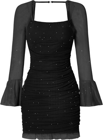 فستان EXARUS للفتيات سباركلي Bodycon بأكمام طويلة مكشكش مع حمالة صدر مدمجة وربطة خلفية شبكية مكشكشة فساتين صغيرة لحفلات المراهقين in Kuwait