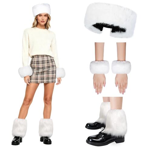 hoyuwak 3 Pieces Faux Fur Headband Set Includs Short Faux Fur Leg Warmers Headband Furry Wrist Cuff Warmers for Women Winter in Saudi Arabia