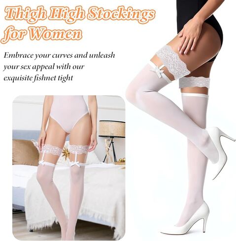 جوارب عالية من الدانتيل للنساء مثيرة، جوارب شفافة من الدانتيل العلوي، جوارب طويلة مثيرة بحمالات على شكل فيونكة لملابس حفلات الهالوين وعيد الميلاد (أبيض) in Saudi Arabia