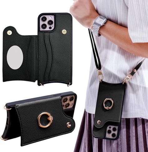 Crossbody Wallet Case for iPhone 15 مع Mirror ، Up Leather Case with Card Slots Invisible Stand ، Women Women قابل للفصل الحبل 6.1 بوصة فيل in Kuwait