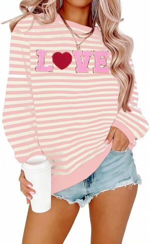 KIDDAD Valentine Sweatshirts for Women Love Heart Print Sweater Valentines Sequins Shirt Embroidered Striped Pullover in Saudi Arabia
