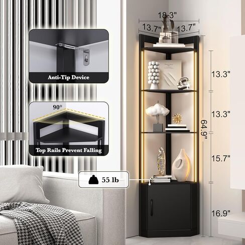 5-Tier Display Cabinet, 65" Tall Corner Shelf Stand with Storage, RGBWIC LED Light, Remote & APP Control, Adjustable Brightness/Color Temp, Floor Lamp Shelves for Living Room in Saudi Arabia