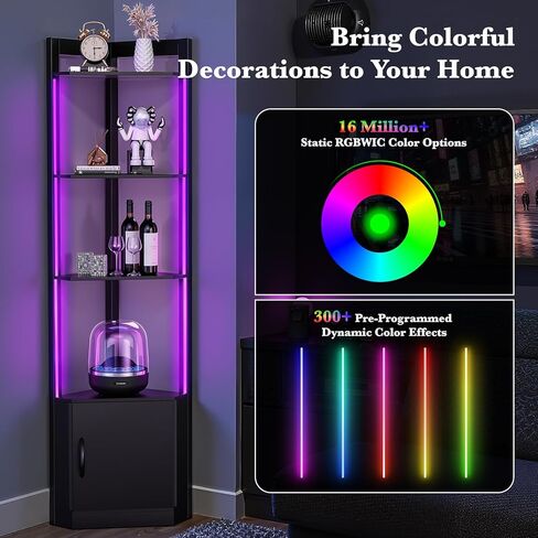 5-Tier Display Cabinet, 65" Tall Corner Shelf Stand with Storage, RGBWIC LED Light, Remote & APP Control, Adjustable Brightness/Color Temp, Floor Lamp Shelves for Living Room in Saudi Arabia