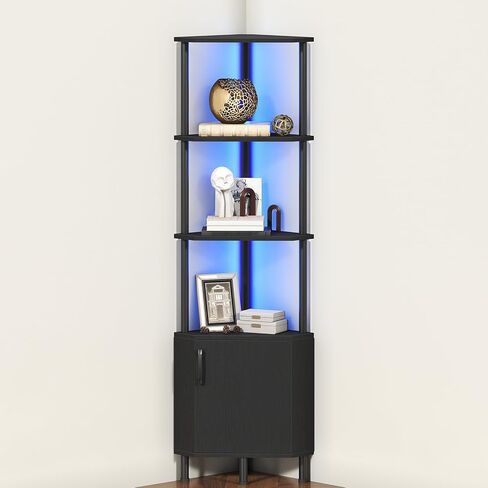 HOOBRO Corner Cabinet with LED Light, Corner Shelf Stand with Storage and Doors, 5-Tier Industrial Corner Bookshelf, 59" Tall Display Rack Shelf, for Living Room, Kitchen, Black BB147DCJ01 in Saudi Arabia